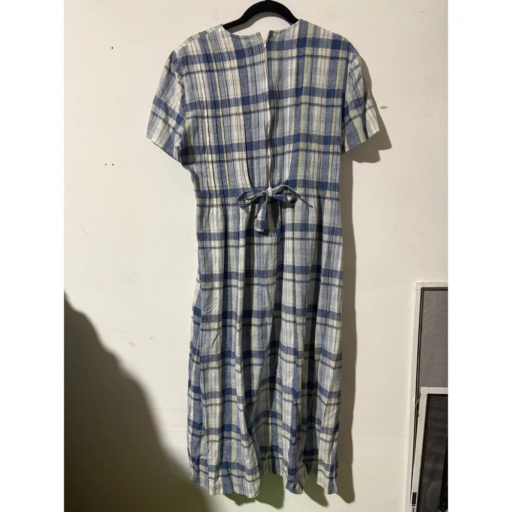 Women's Positive Attitude Blue Plaid Linen Blend Short Sleeve Midi Dress Size 14